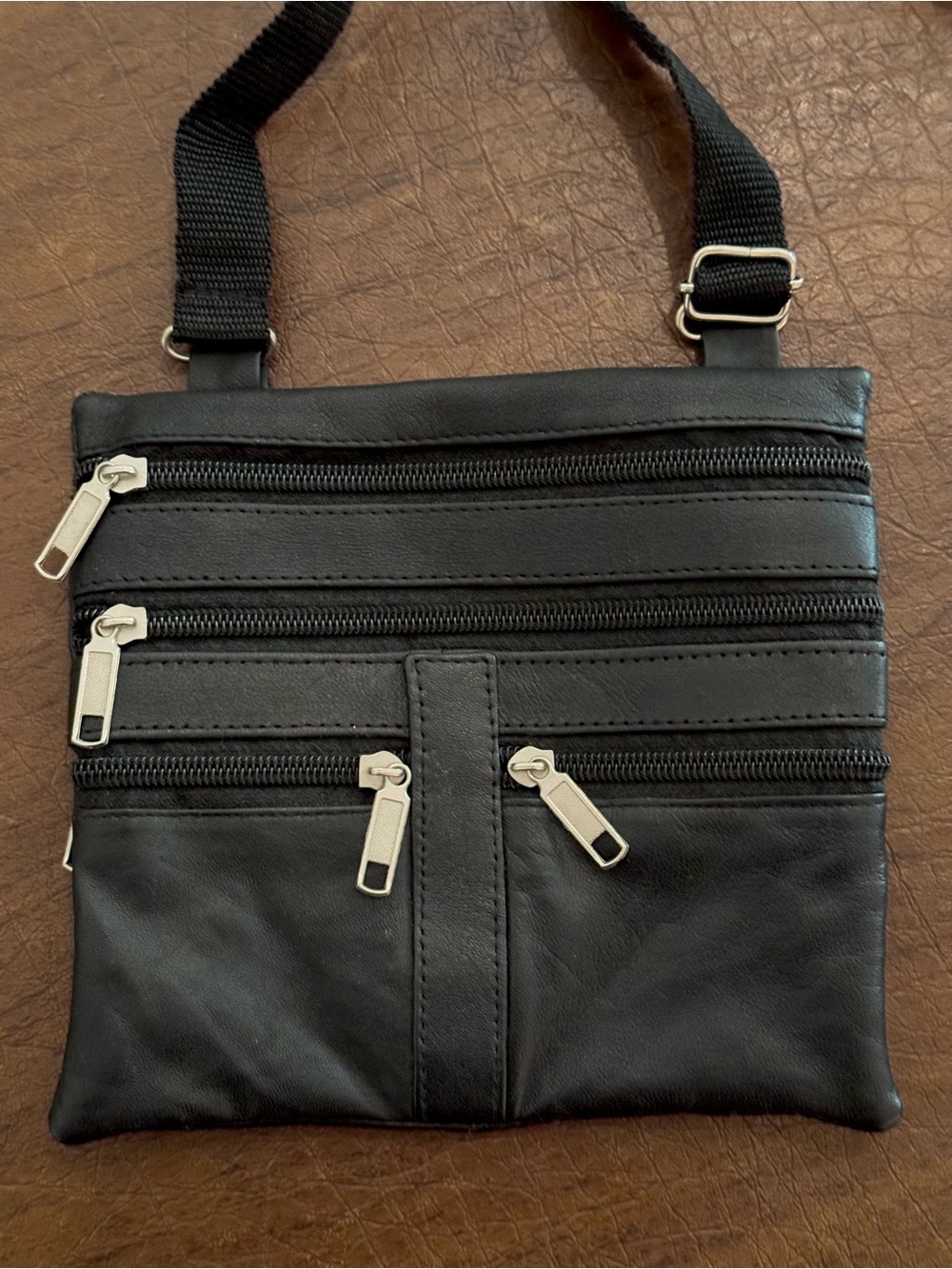 Black Leather Multi-Zip Crossbody Bag 5 pockets with belt loop silver hardware